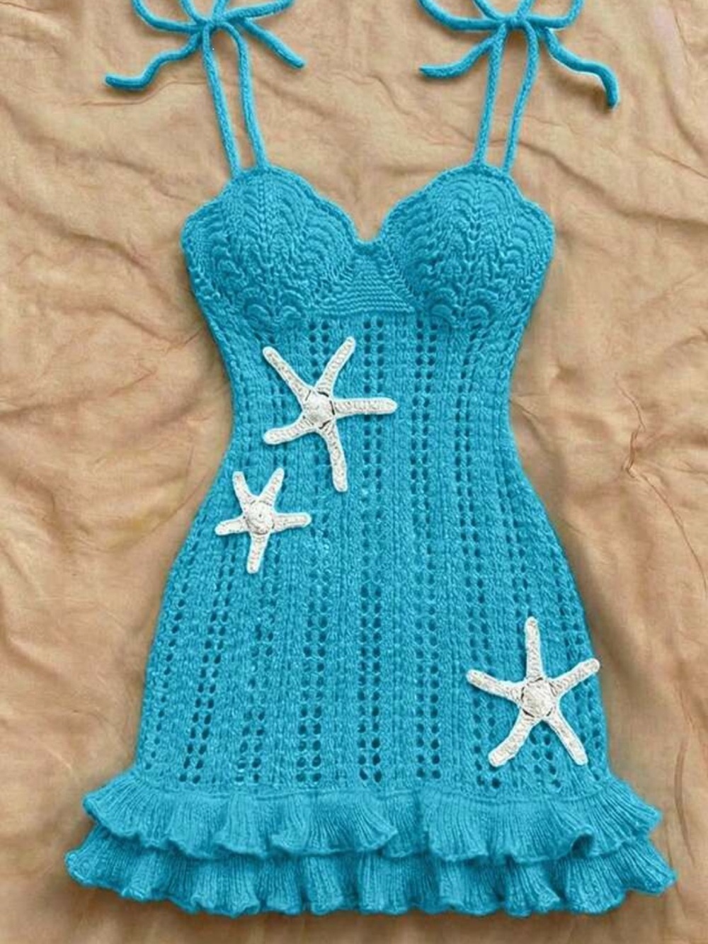 Handmade Turquoise Crochet knit starfish beach cover up with Ruffle Hem